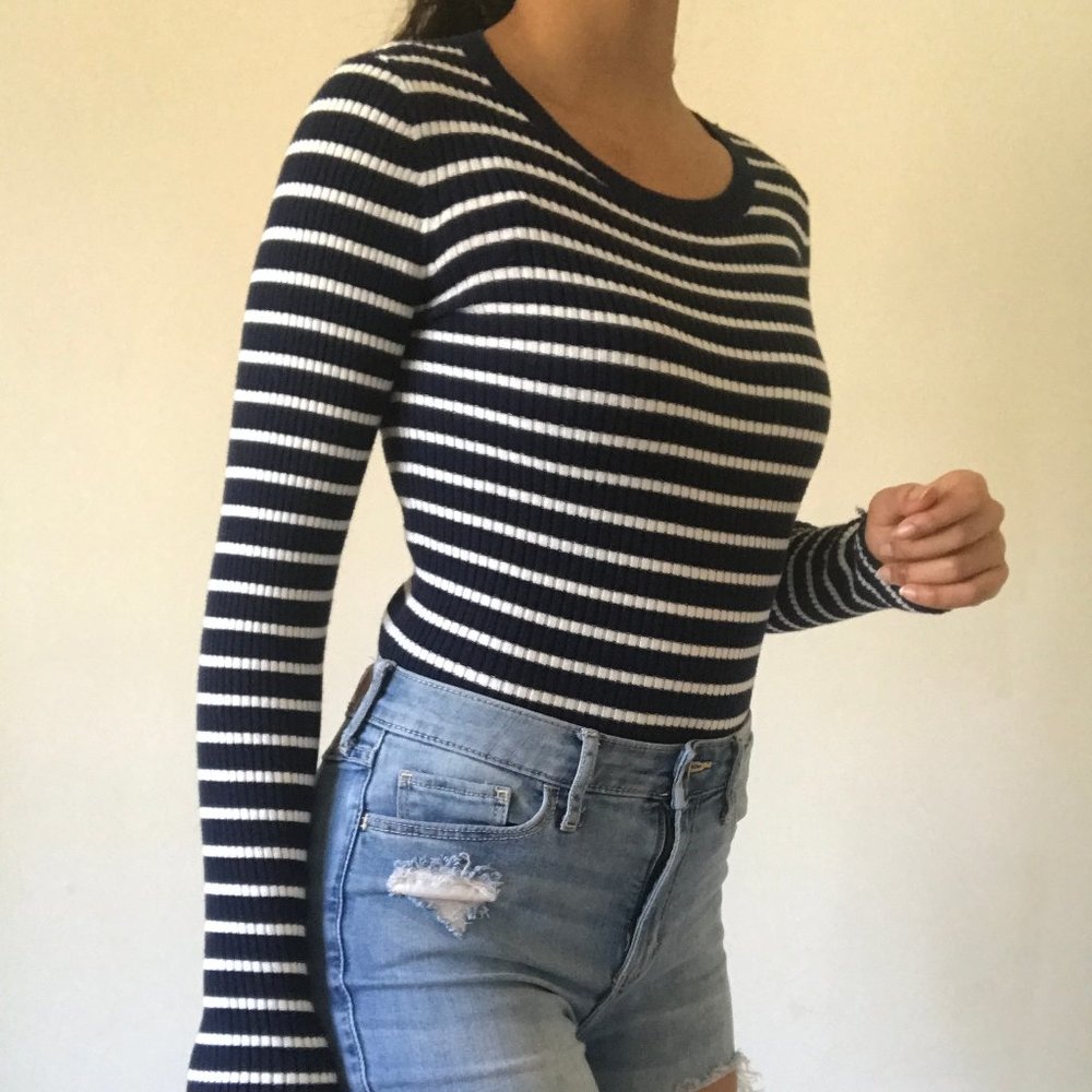 Navy Blue and White Ribbed Long Sleeve
